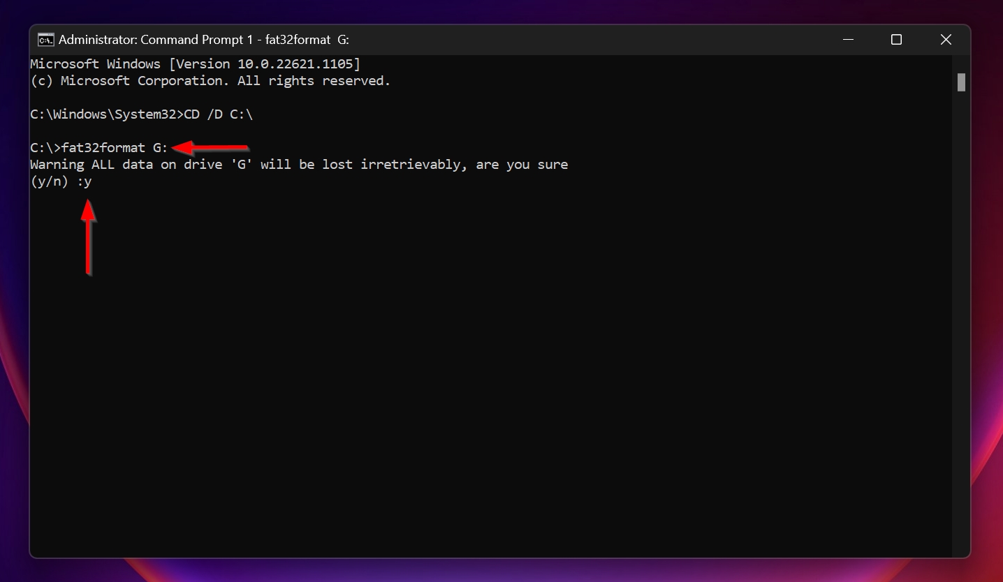 The format command (FAT32Format.exe) in the CMD console.