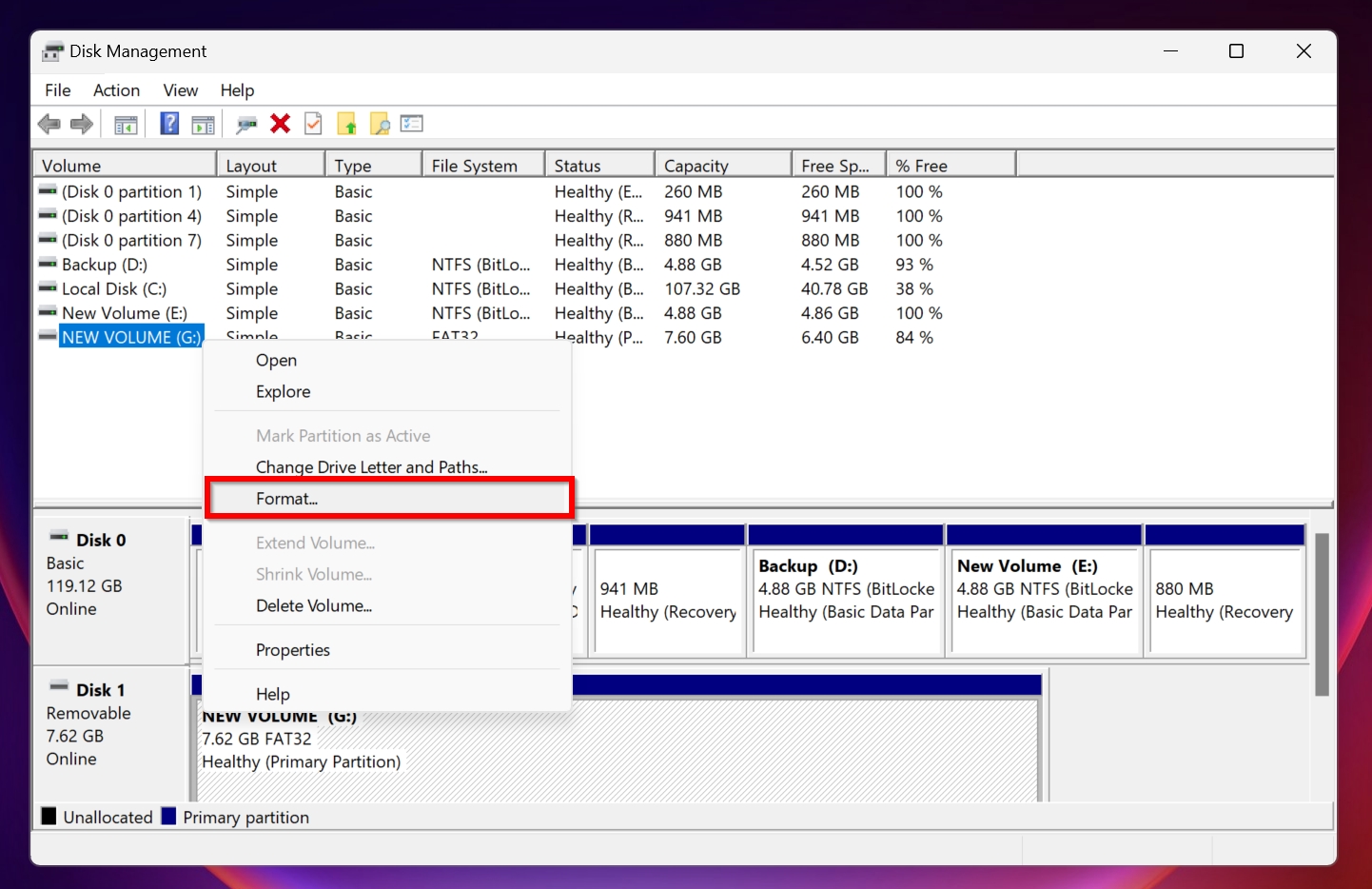 The format option in Windows Disk Management.