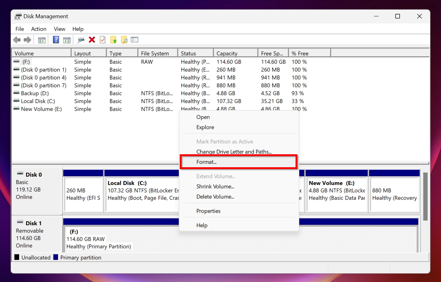 The format option in Windows Disk Management.