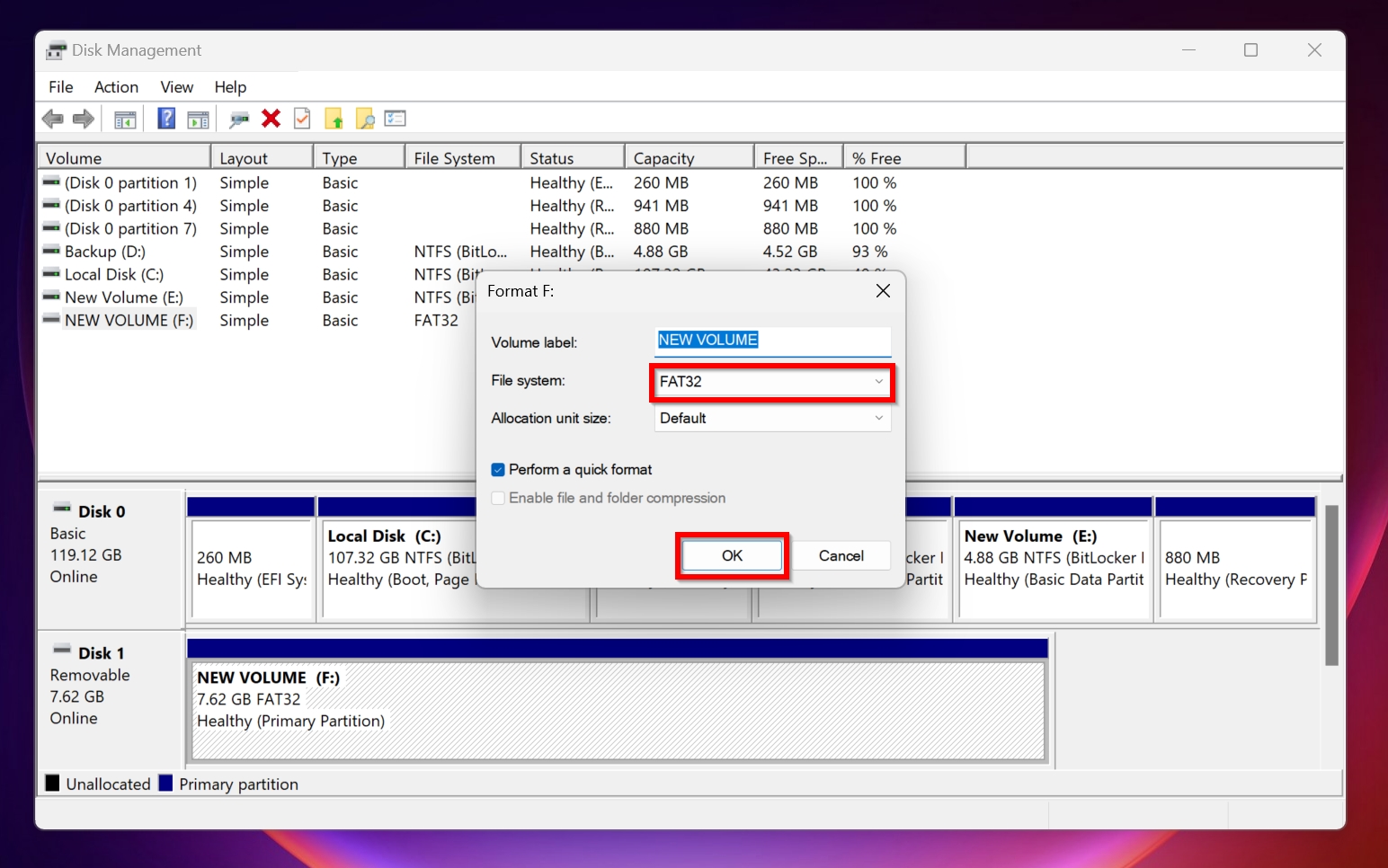 Format parameters in Disk Management.