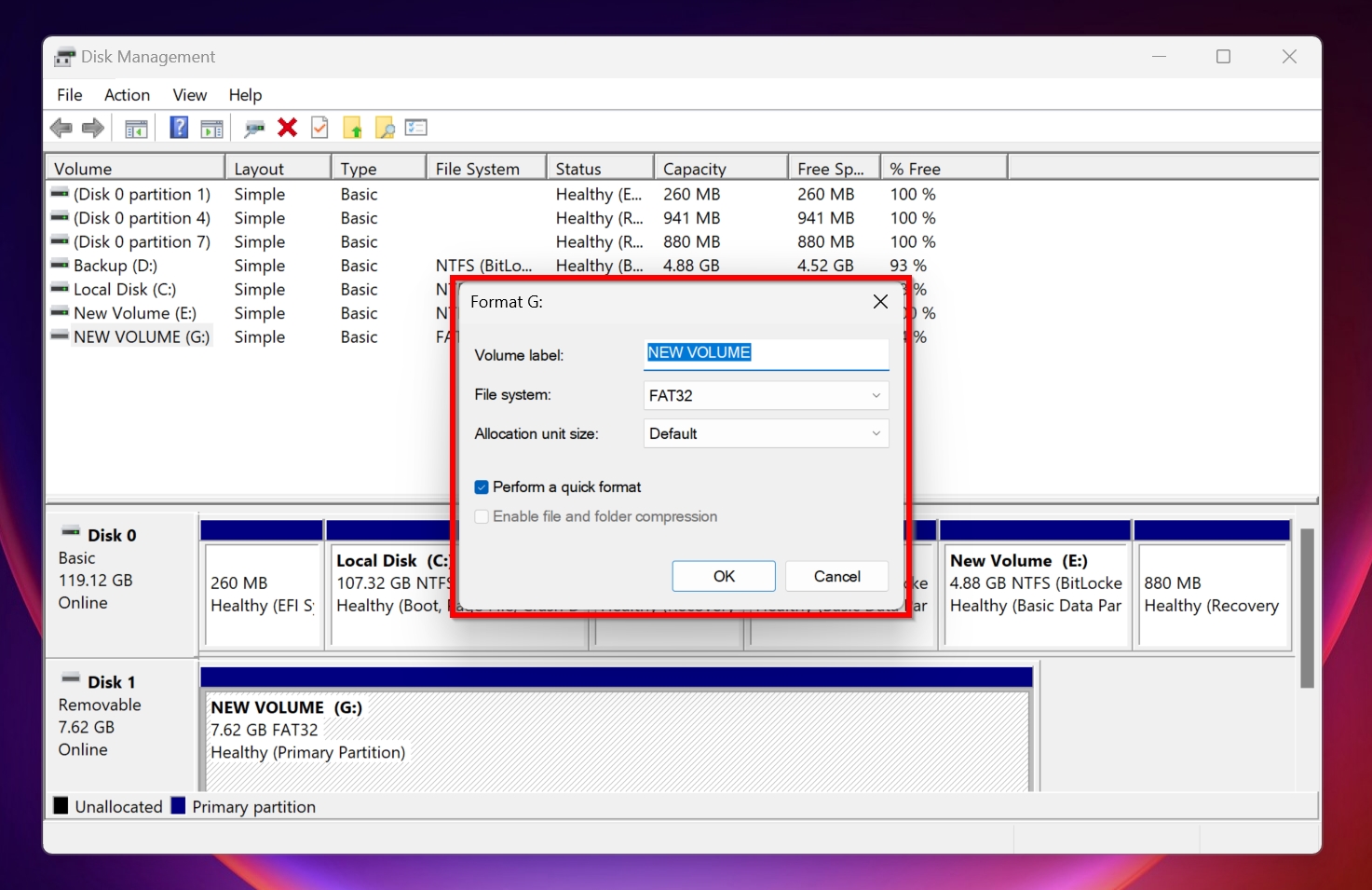 The format parameters window in Disk Management.