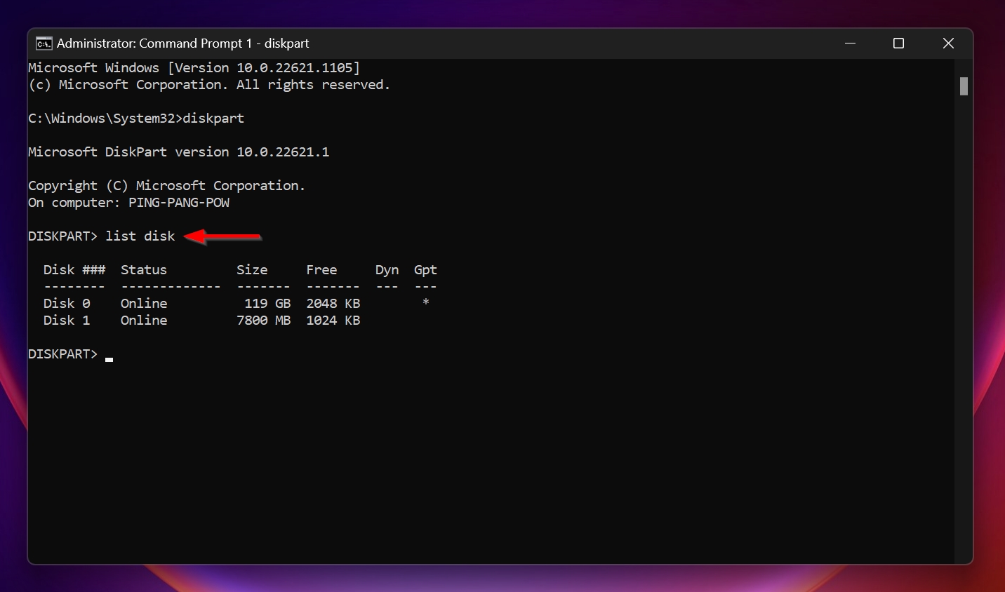 The list disk command in the Command Prompt console.