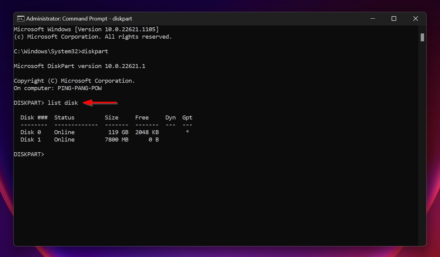 The list disk command.