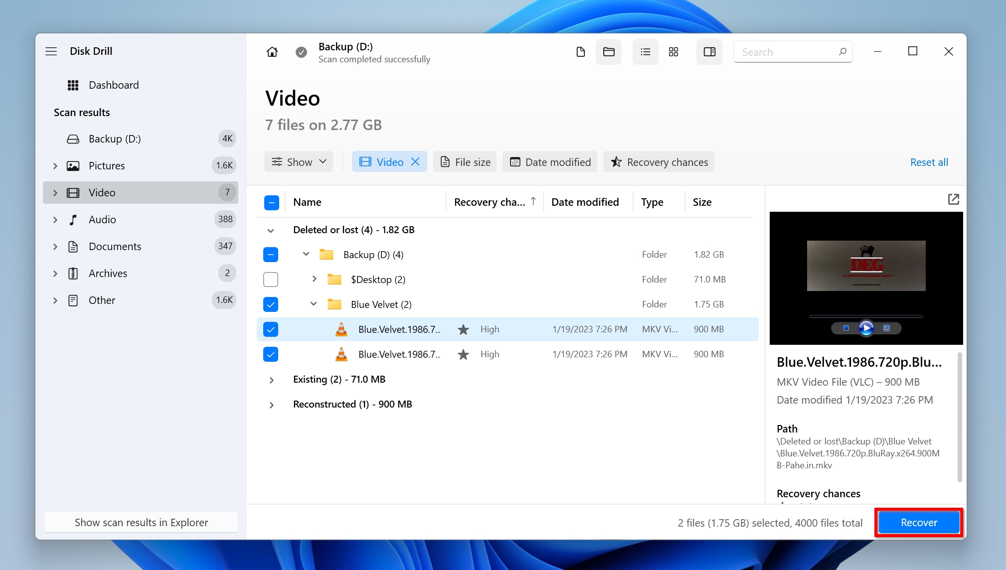 The list of recoverable files in Disk Drill.