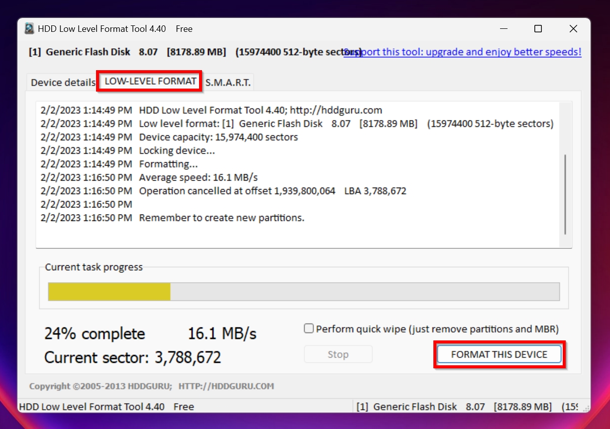 Format progress screen HDDGURU Low-Level Format tool.