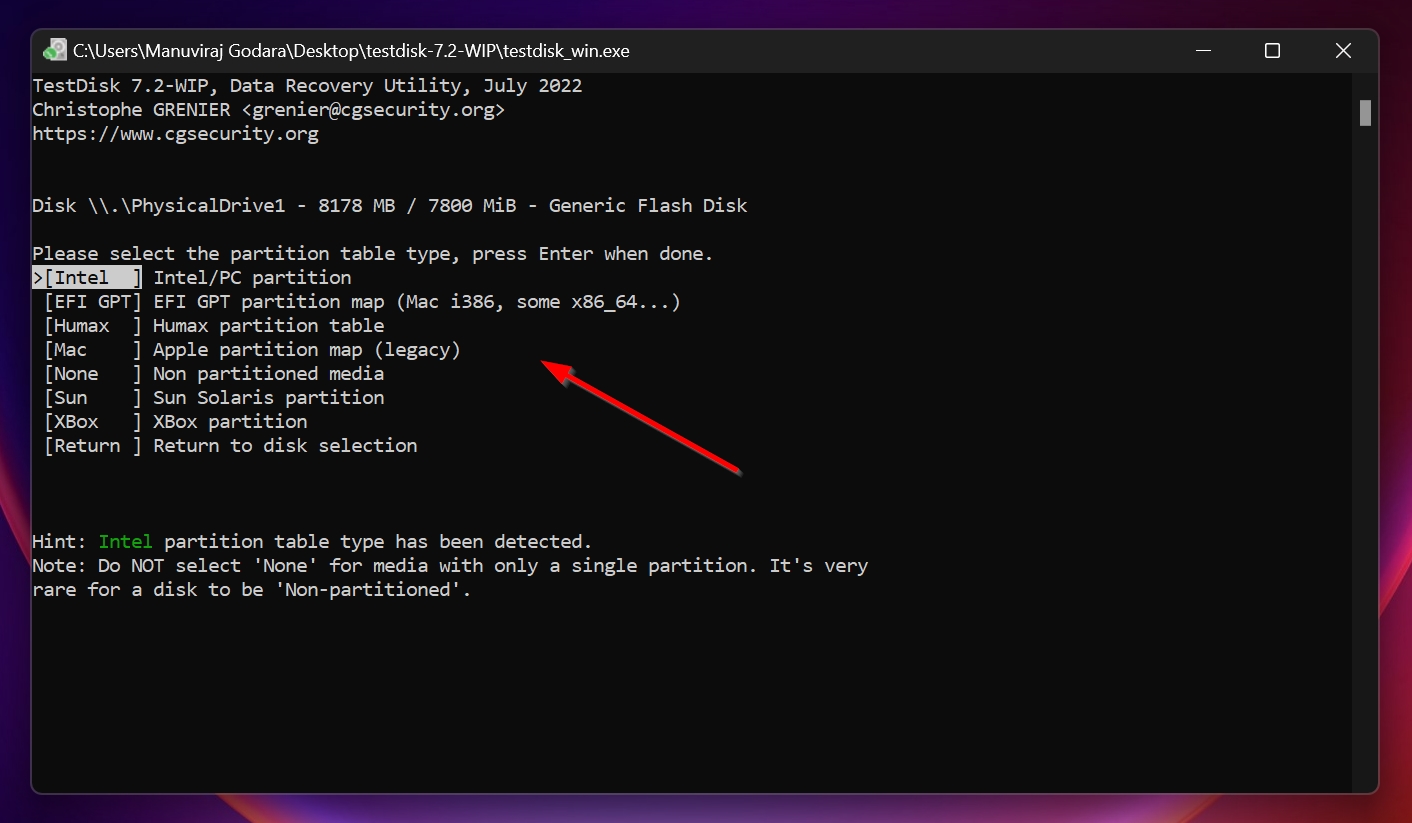 Partition table type selection screen in TestDisk.