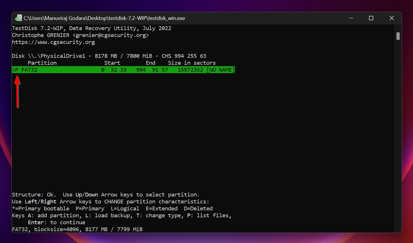 Partition type and name in TestDisk. Assigning a primary partition.