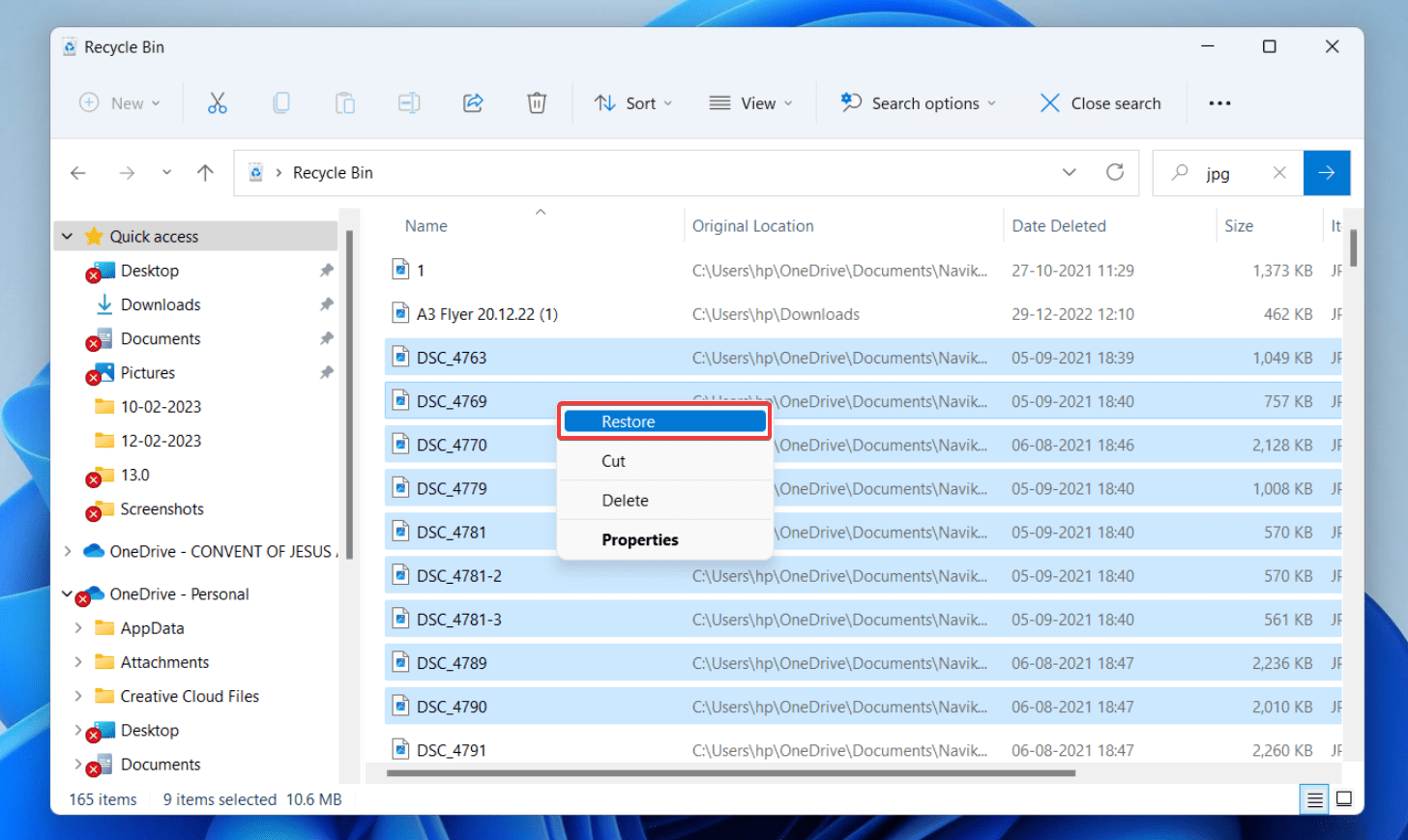 restoring files from the recycle bin