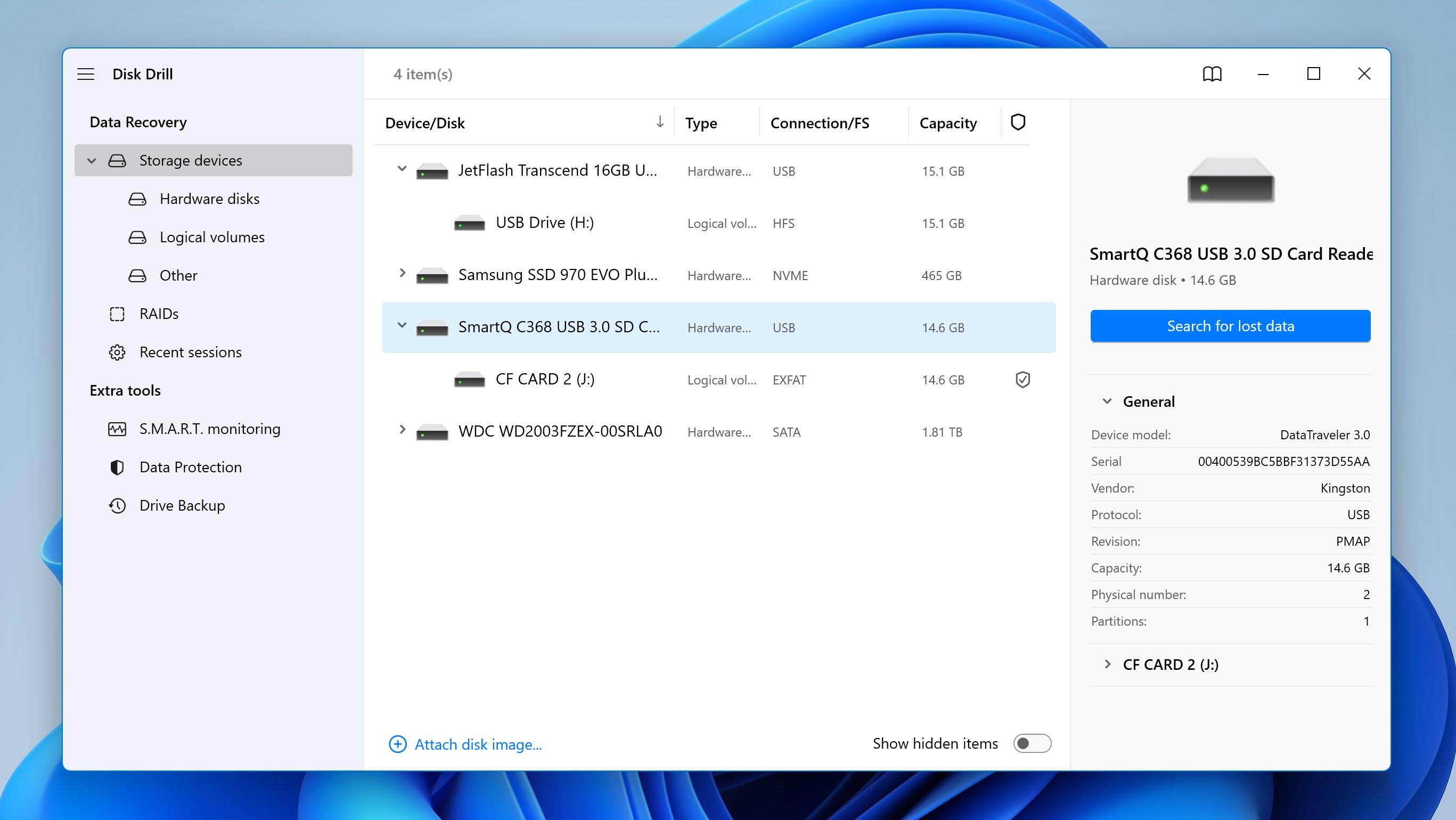 select cf card and start scan with disk drill