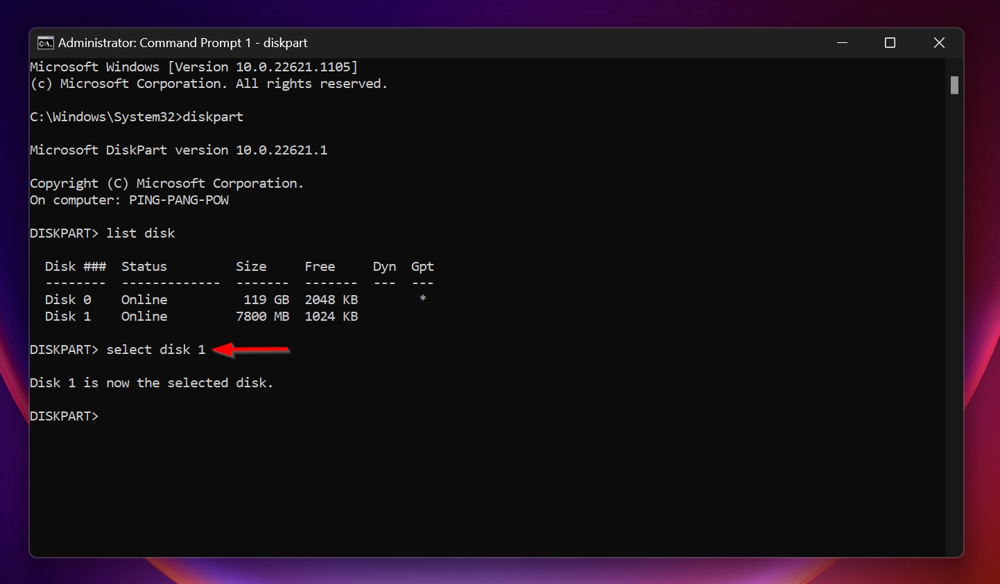 The select disk command in the Command Prompt console.