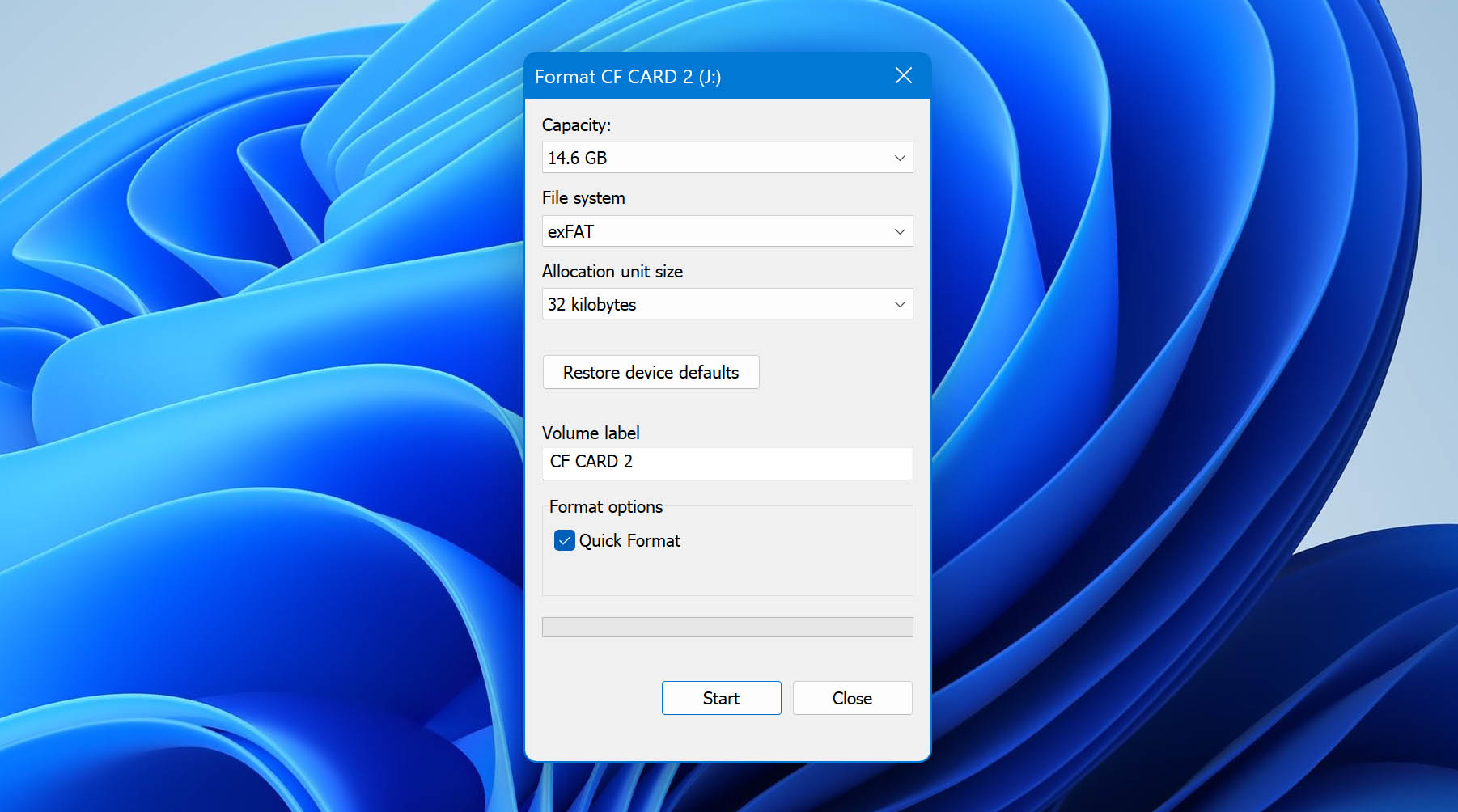 select format options and format cf card