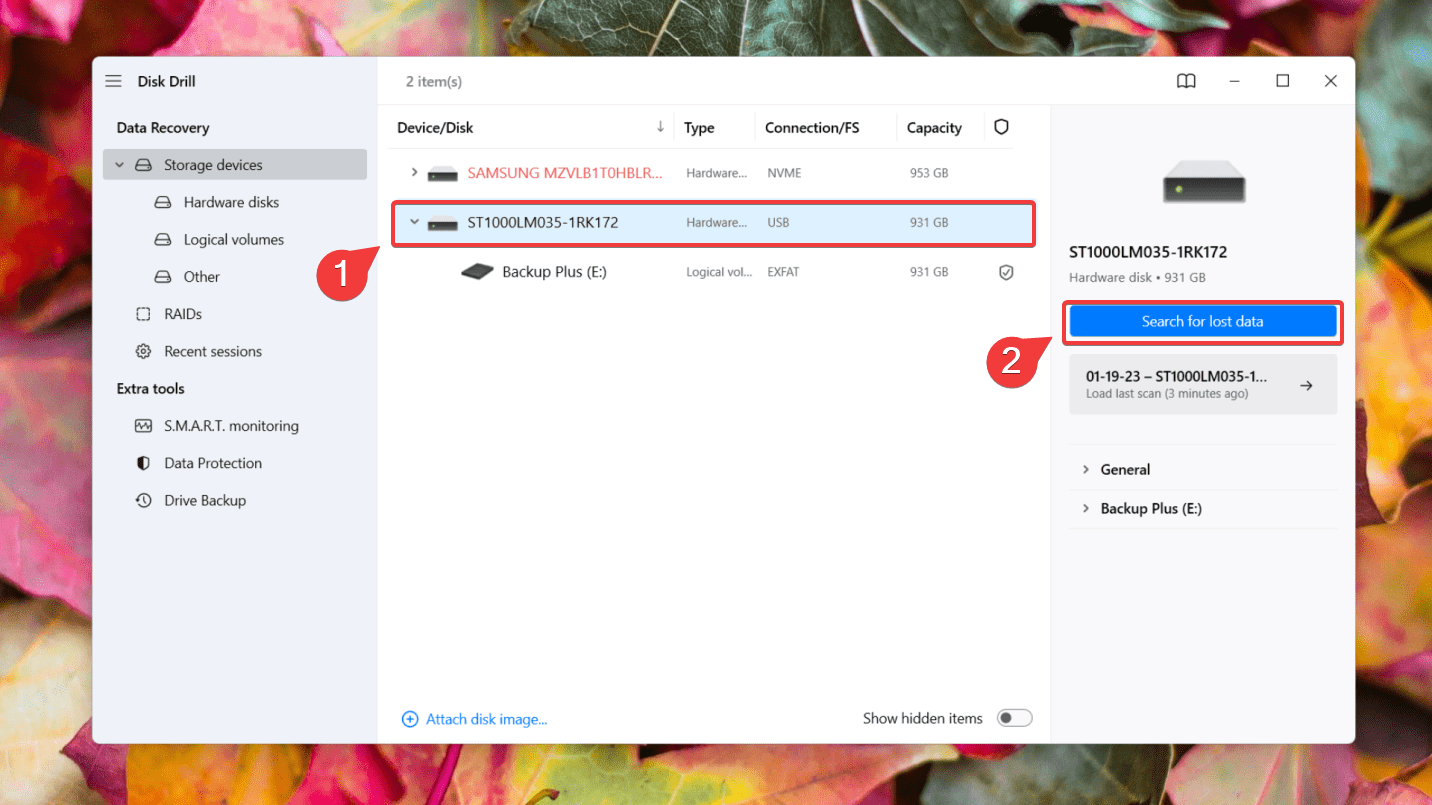 selecting drive on disk drill