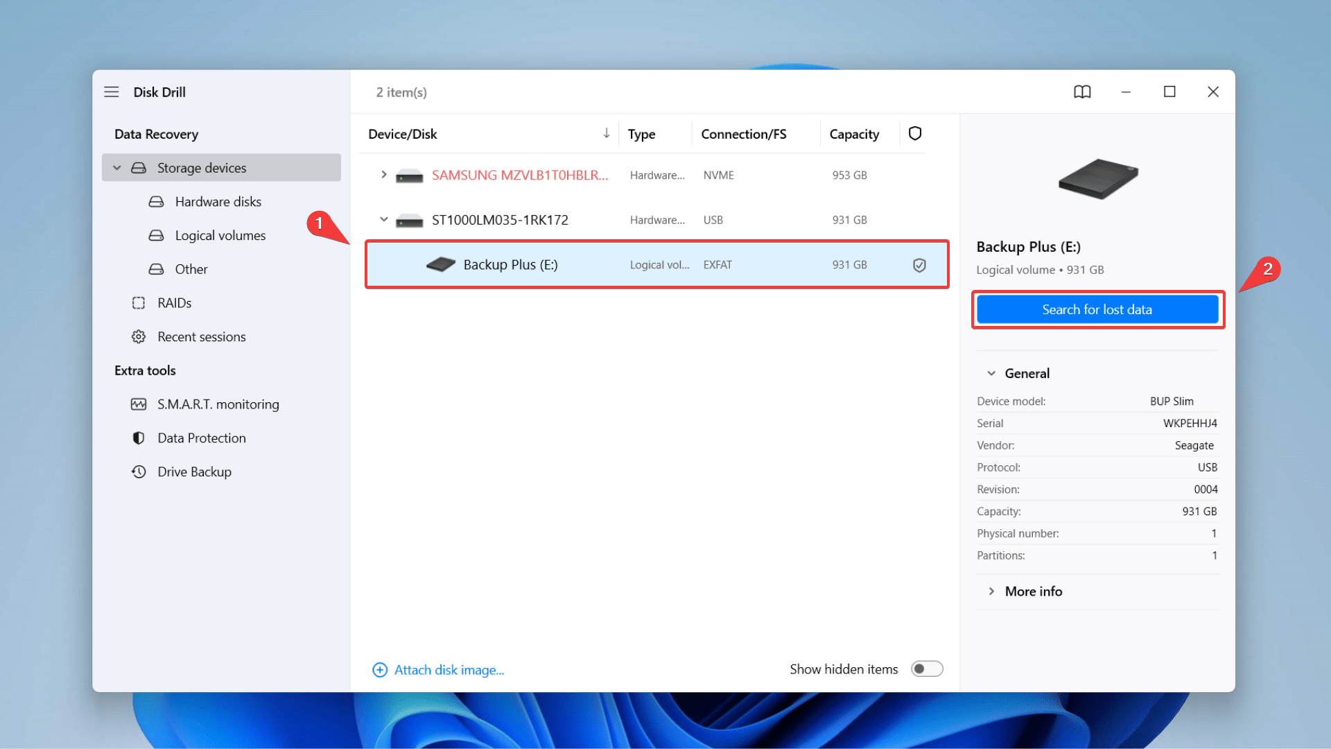 selecting drive on disk drill