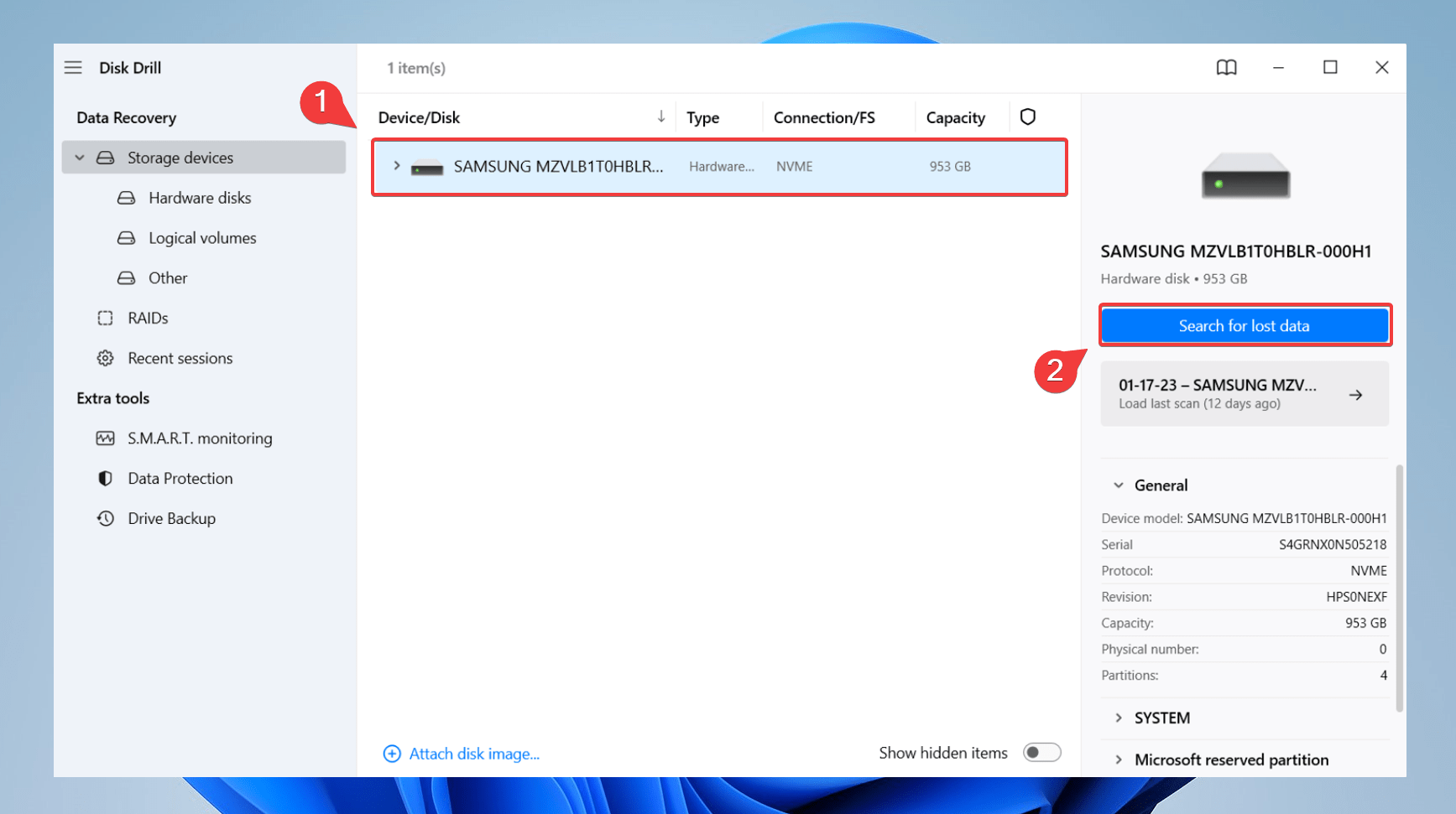 selecting internal drive on disk drill