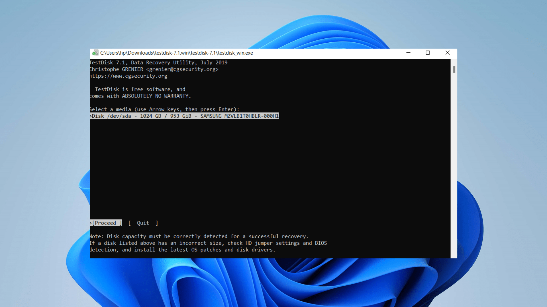 selecting drive on test disk