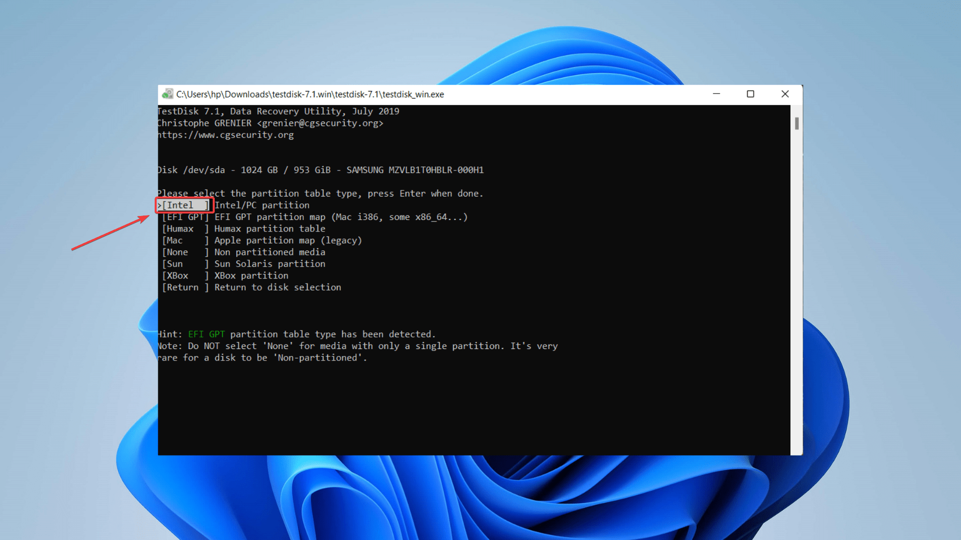 selecting partition table on test disk