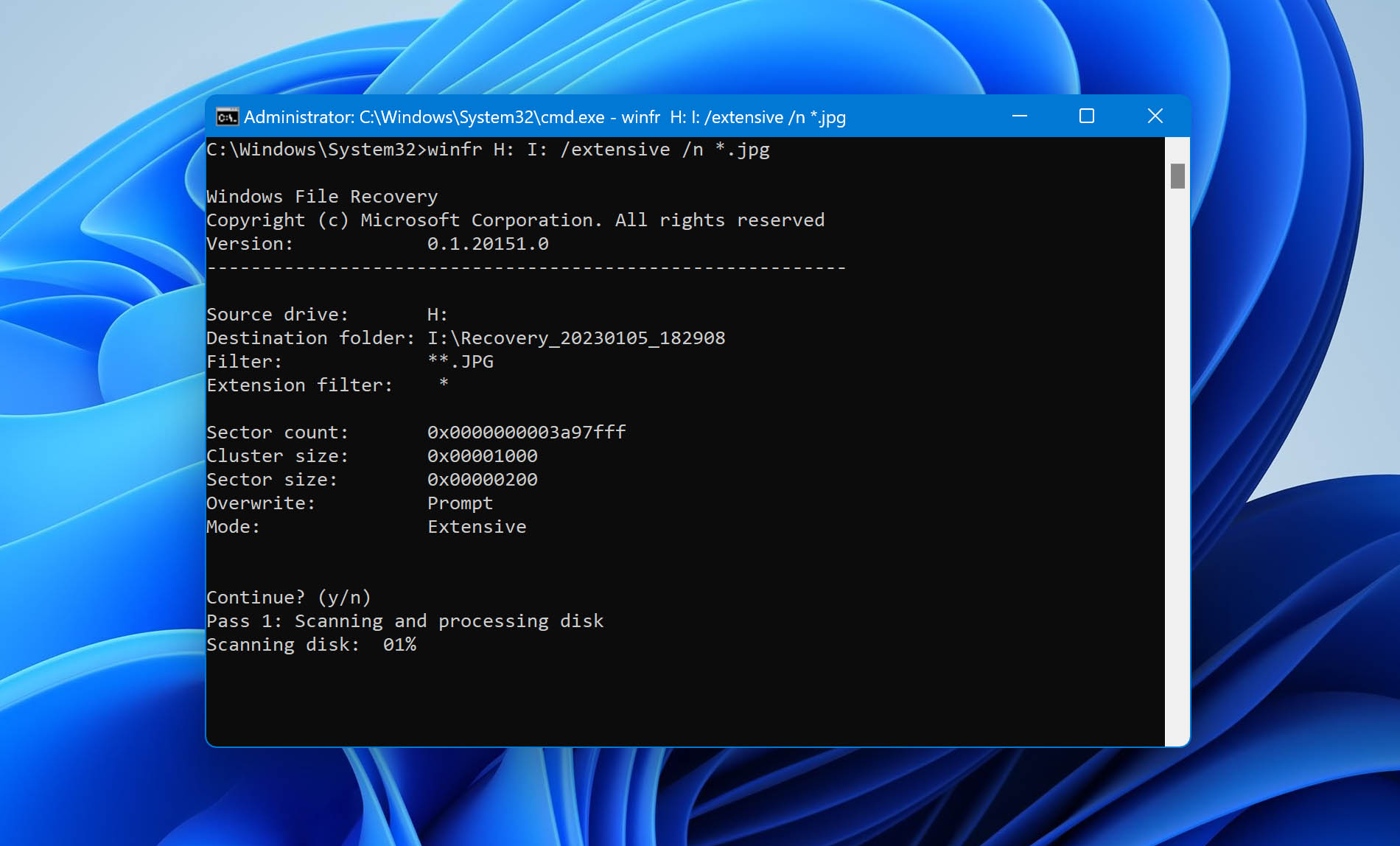 command line in windows fiel recovery