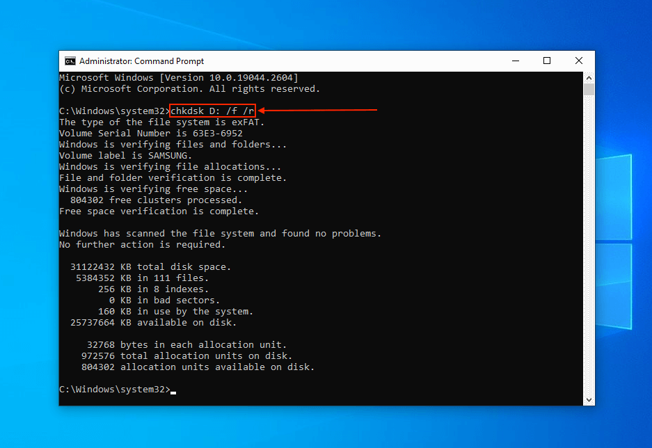 chkdsk command in Command Prompt