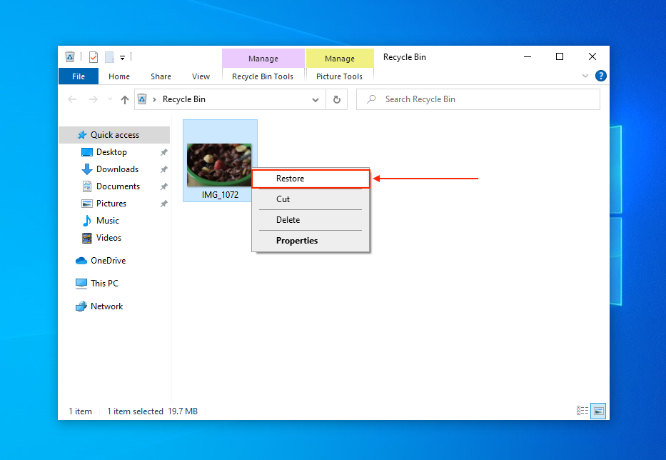 Restore function in Recycle Bin