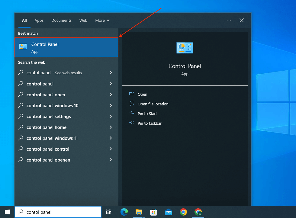 Control Panel app in the Start menu