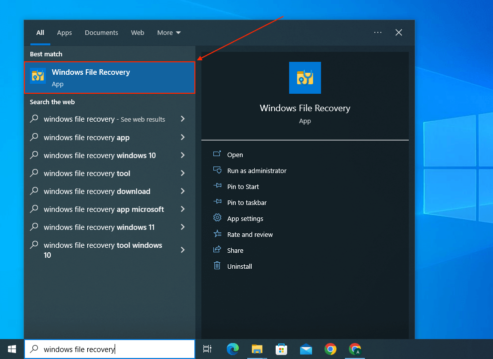 Windows File Recovery app in the Start menu
