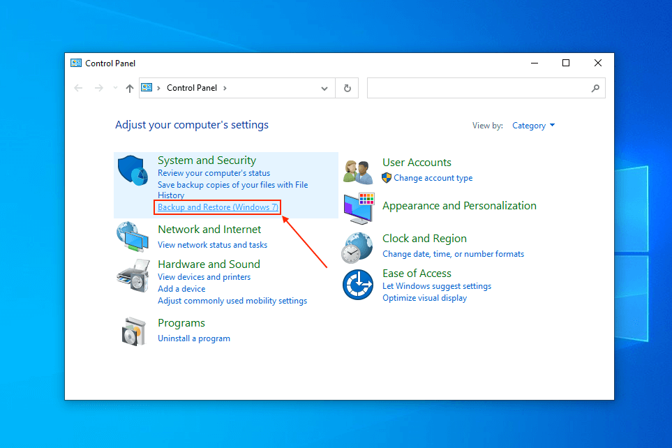Windows Backup and Restore in Control Panel
