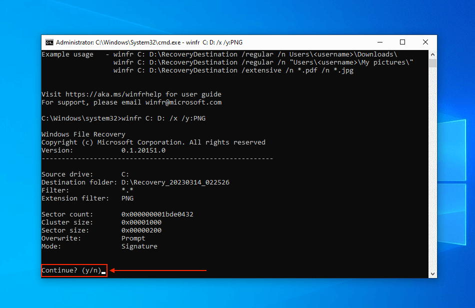 Scan confirmation prompt in the Windows File Recovery command line