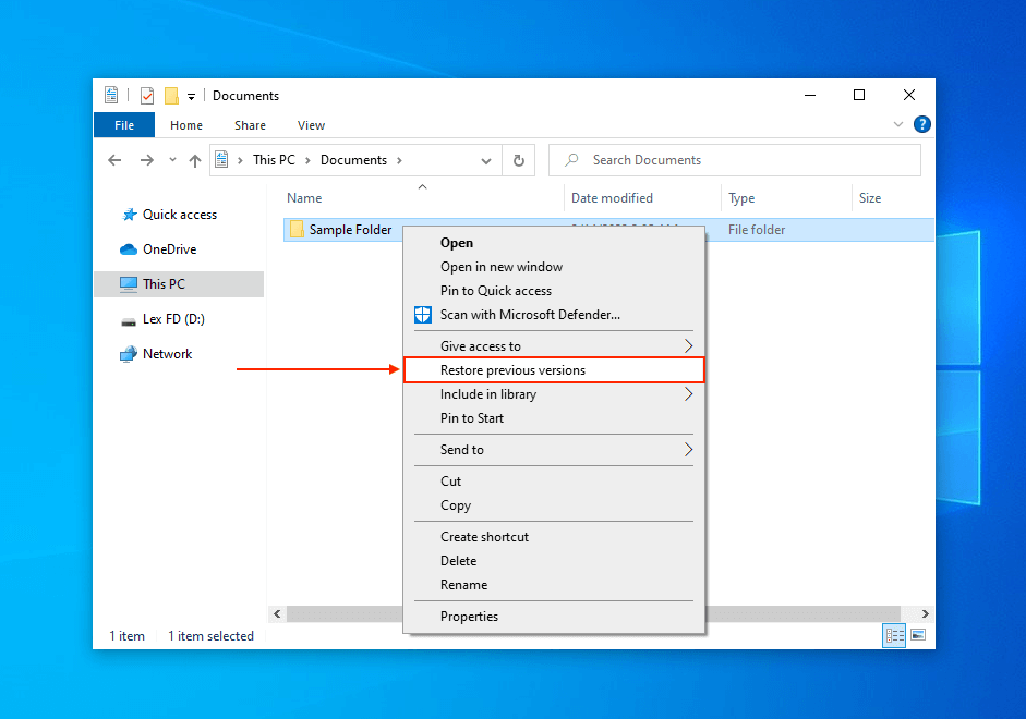 Restore Previous Versions option in File Explorer's right-click menu