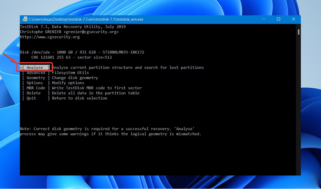 executing the analyse option on testdisk