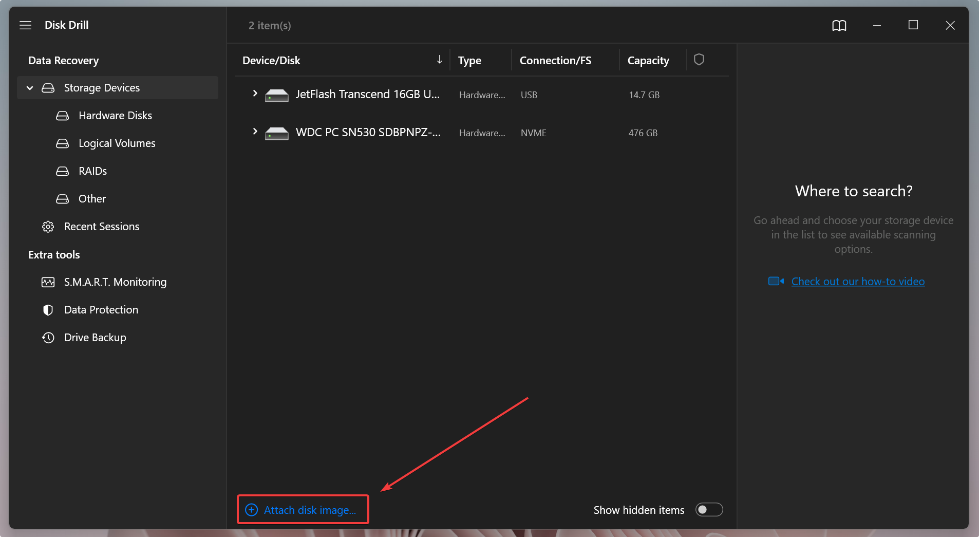 attaching disk image on disk drill