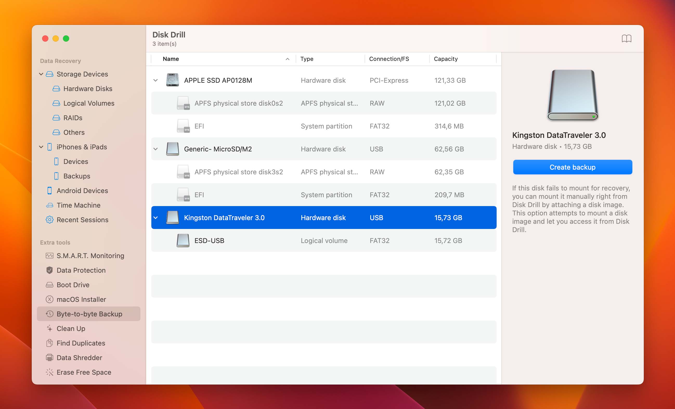 Backup disks into byte to byte file