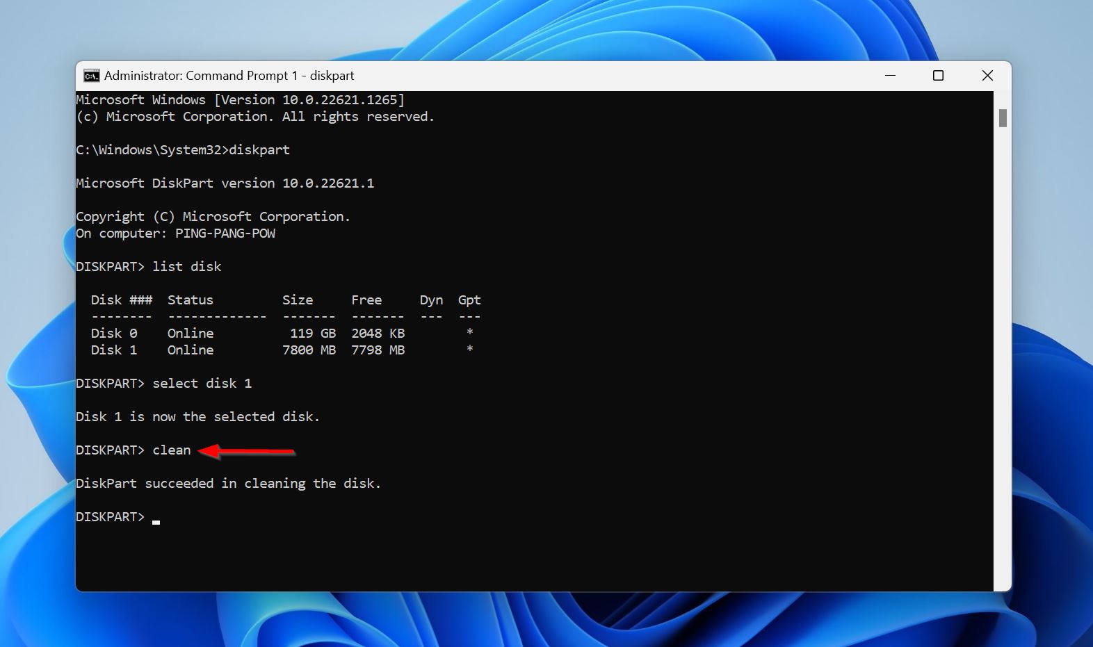 The clean command in Command Prompt.
