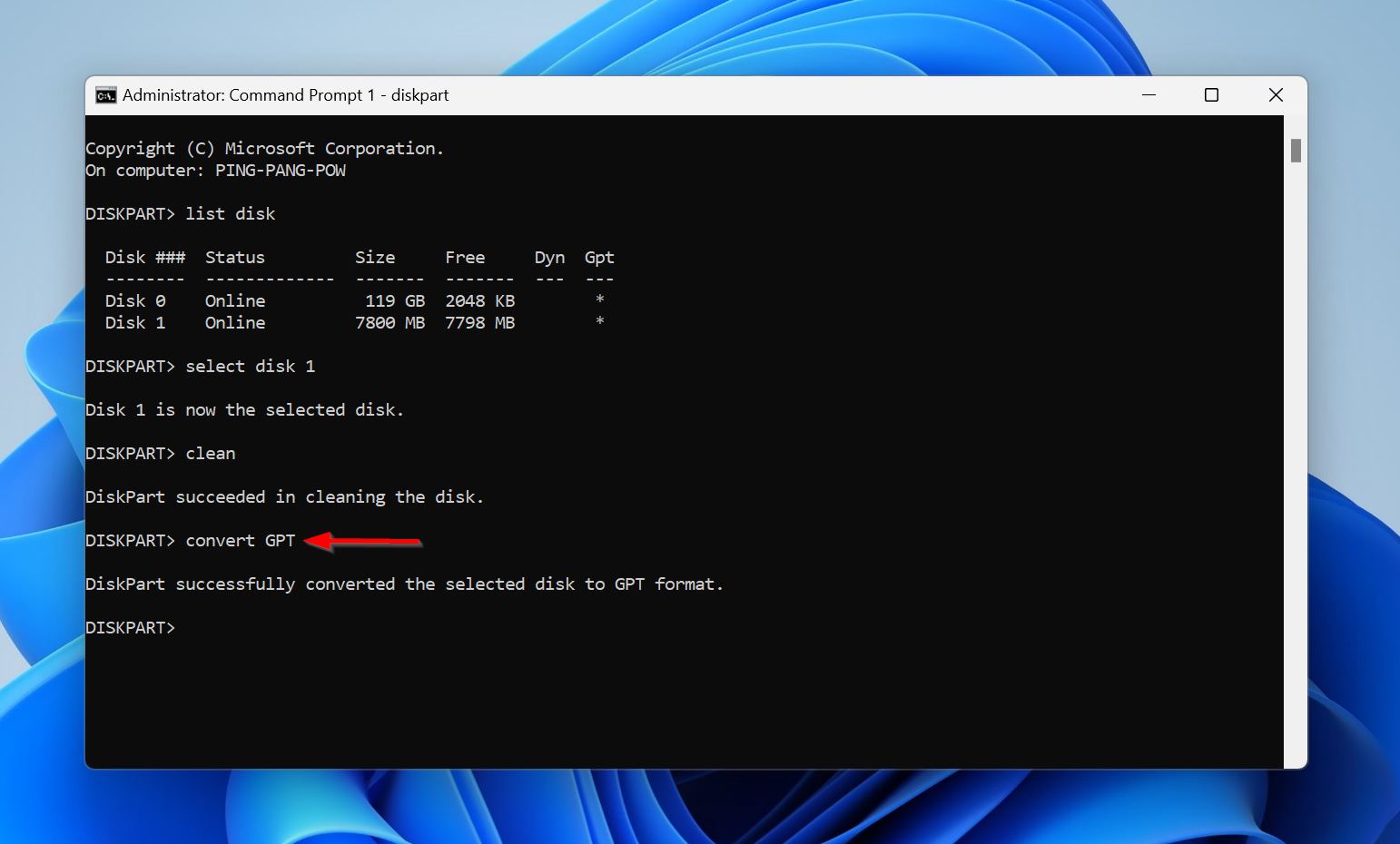 The convert GPT command in Command Prompt.