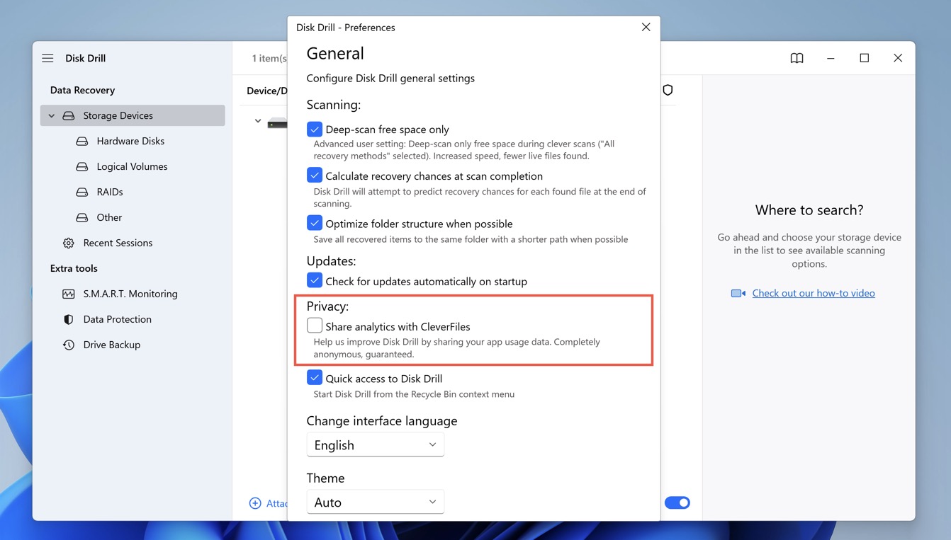 disk drill privacy settings