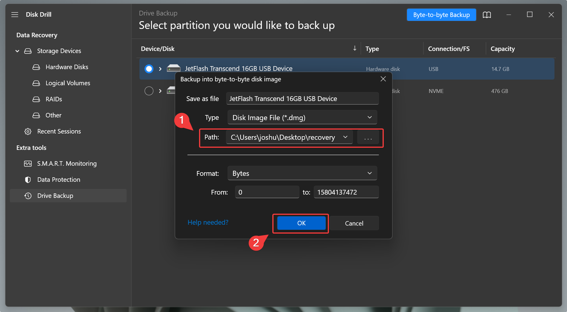 selecting destination for disk image