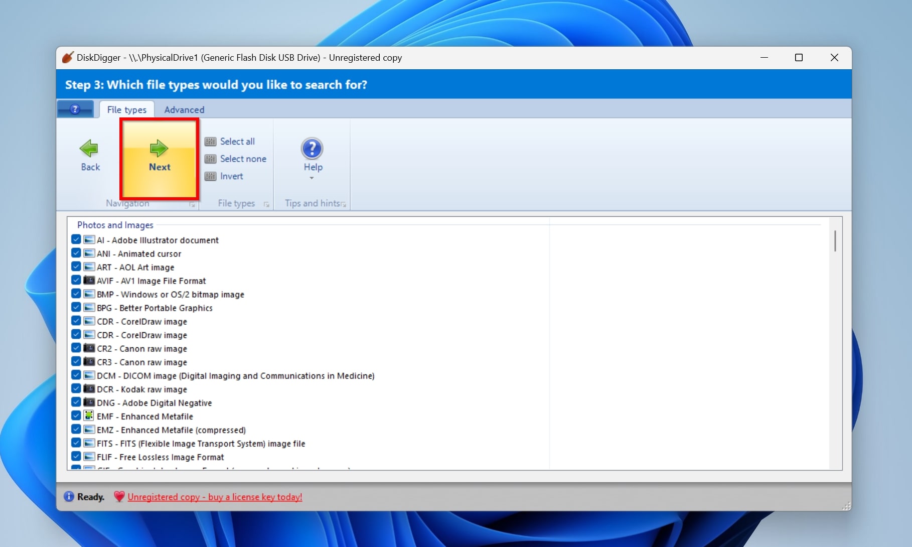 File type selection screen in TestDisk.