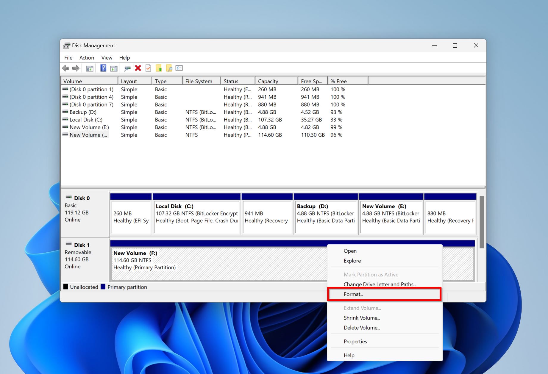 Format option in Disk Management.