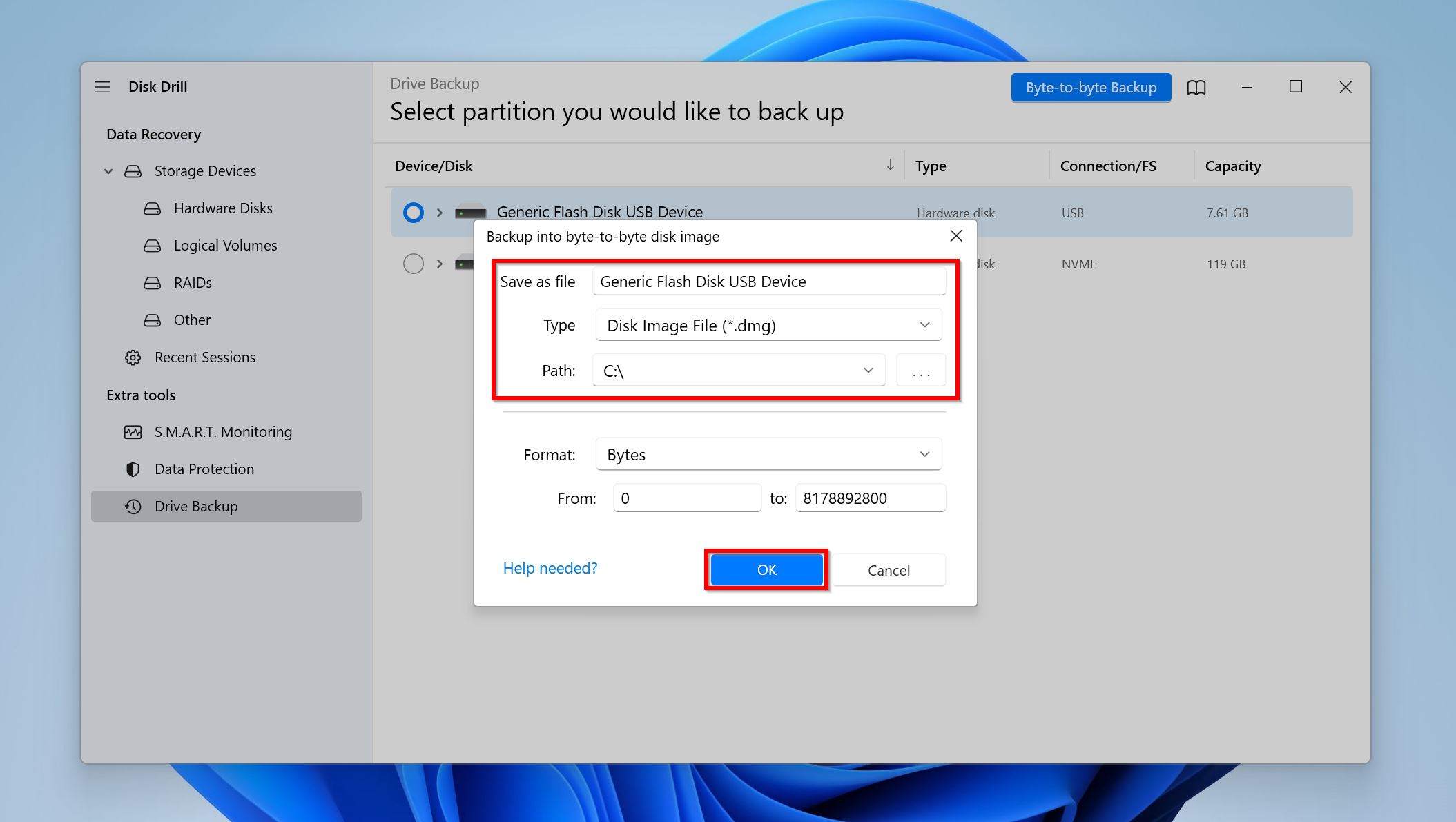 Disk image destination prompt in Disk Drill.