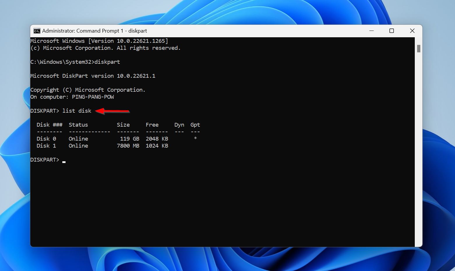 The list disk command in Command Prompt.