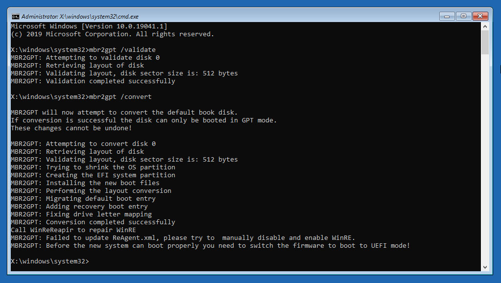 run mbr2gpt in command prompt