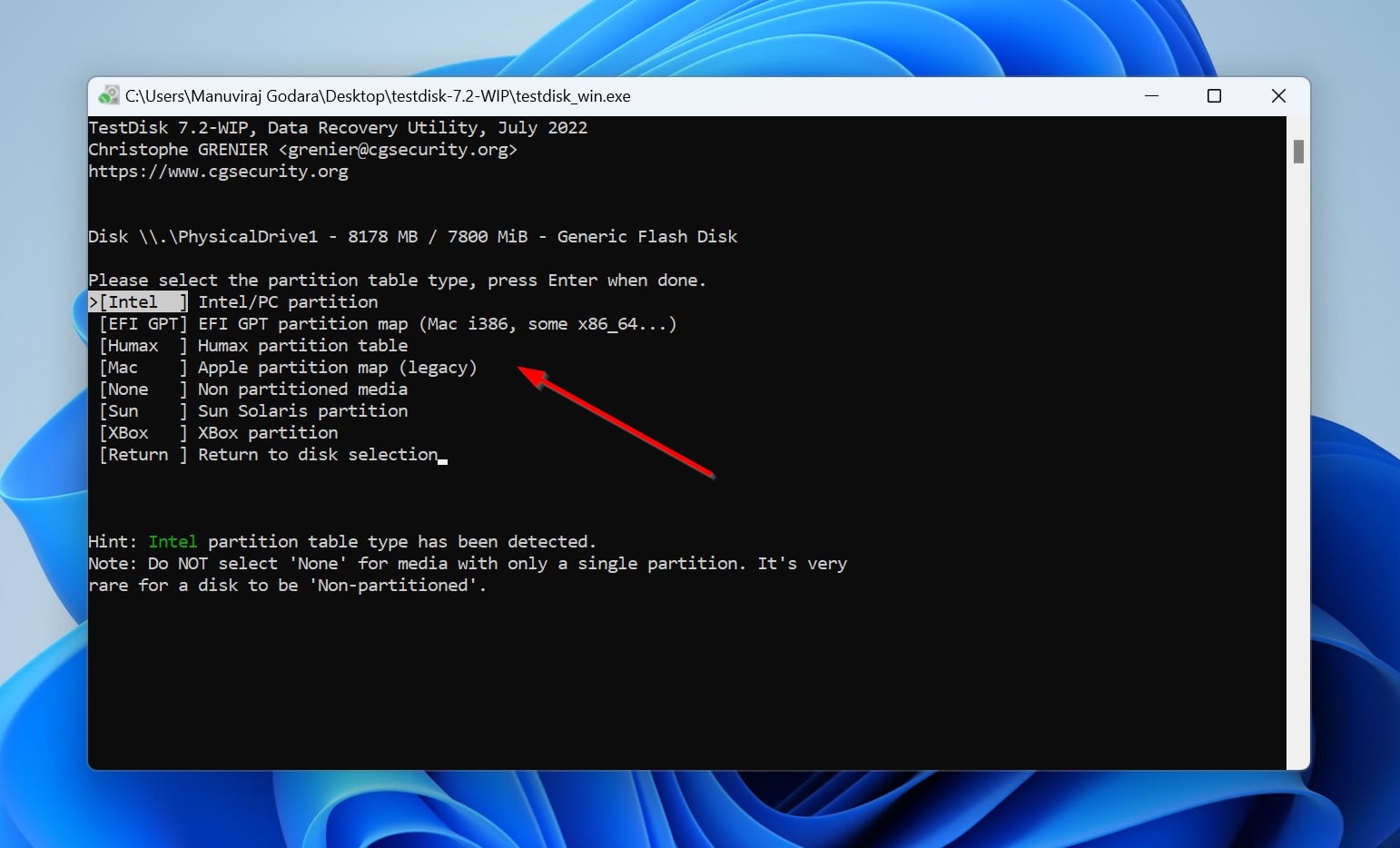 Partition table selection screen in TestDisk.