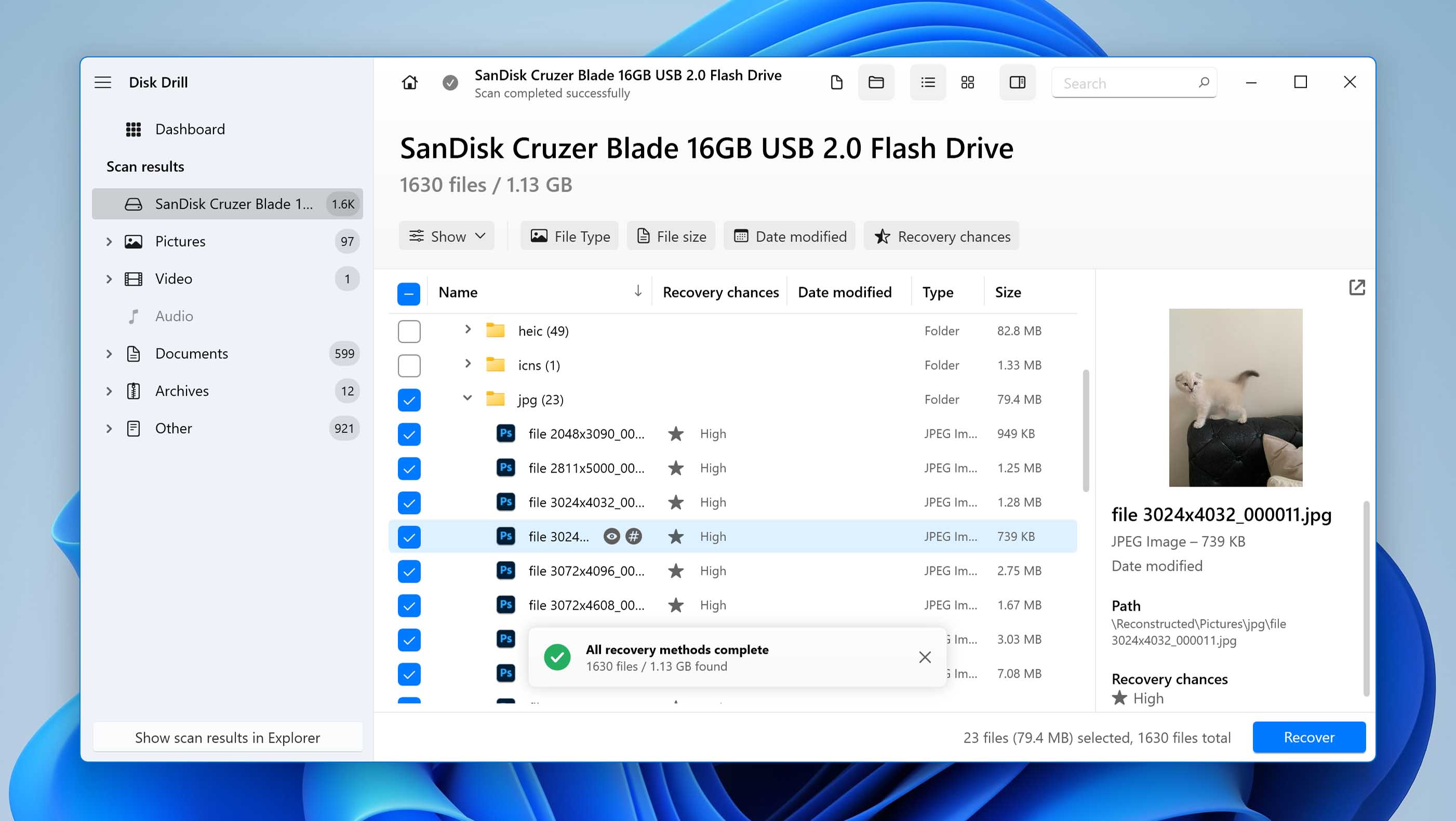 select files for recover from sandisk