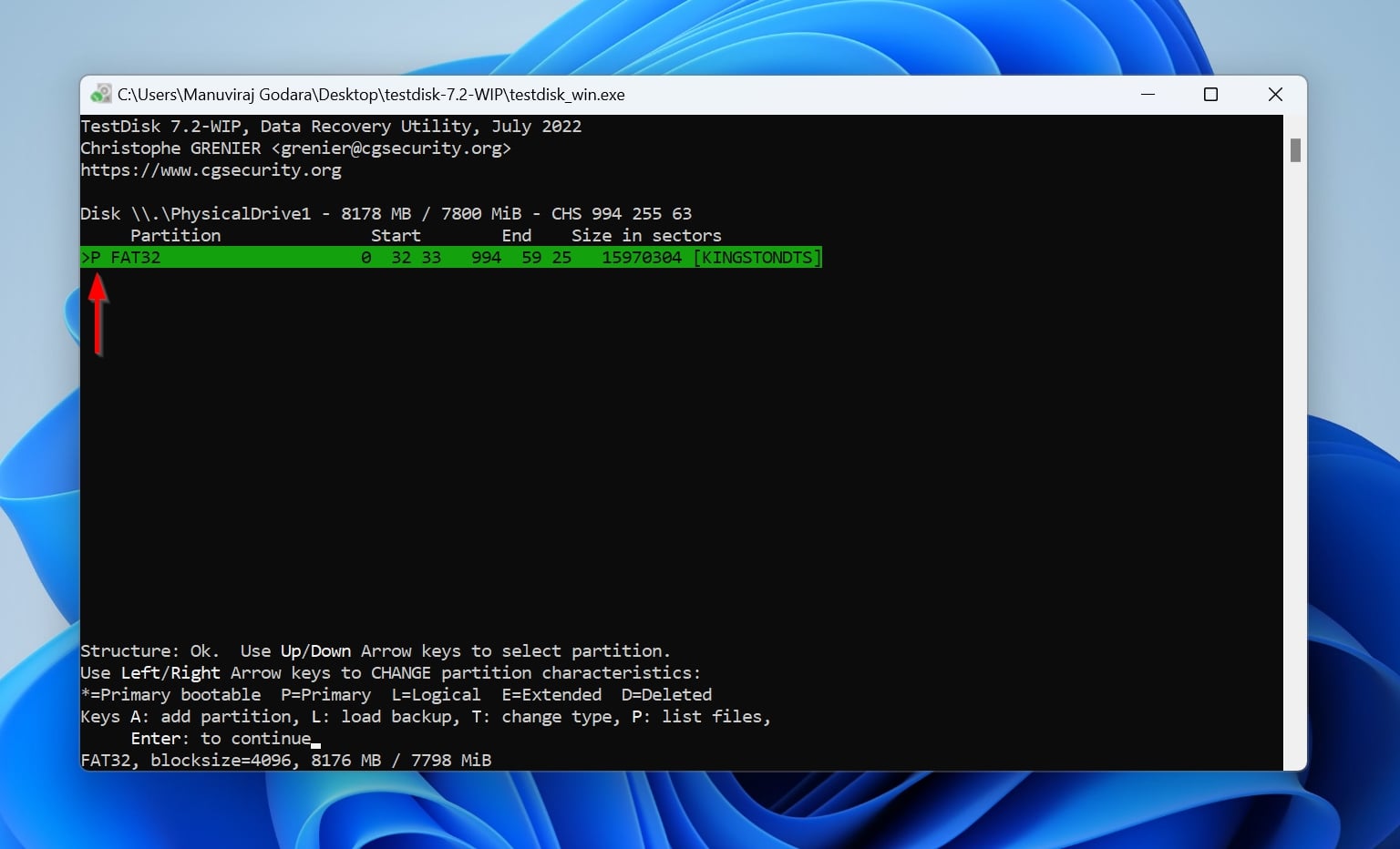 Primary partition screen in TestDisk.