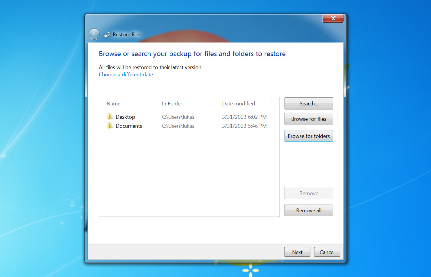 Visual representation of recovering deleted files from Recycle Bin on Windows 7 using the Windows Backup and Restore feature