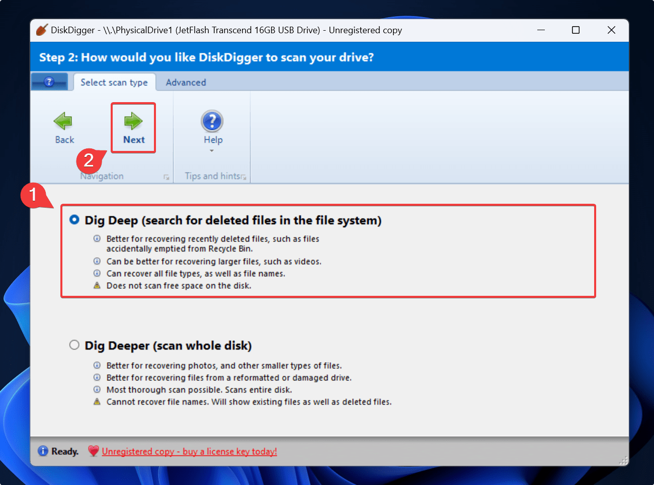 choosing scan type on disk digger