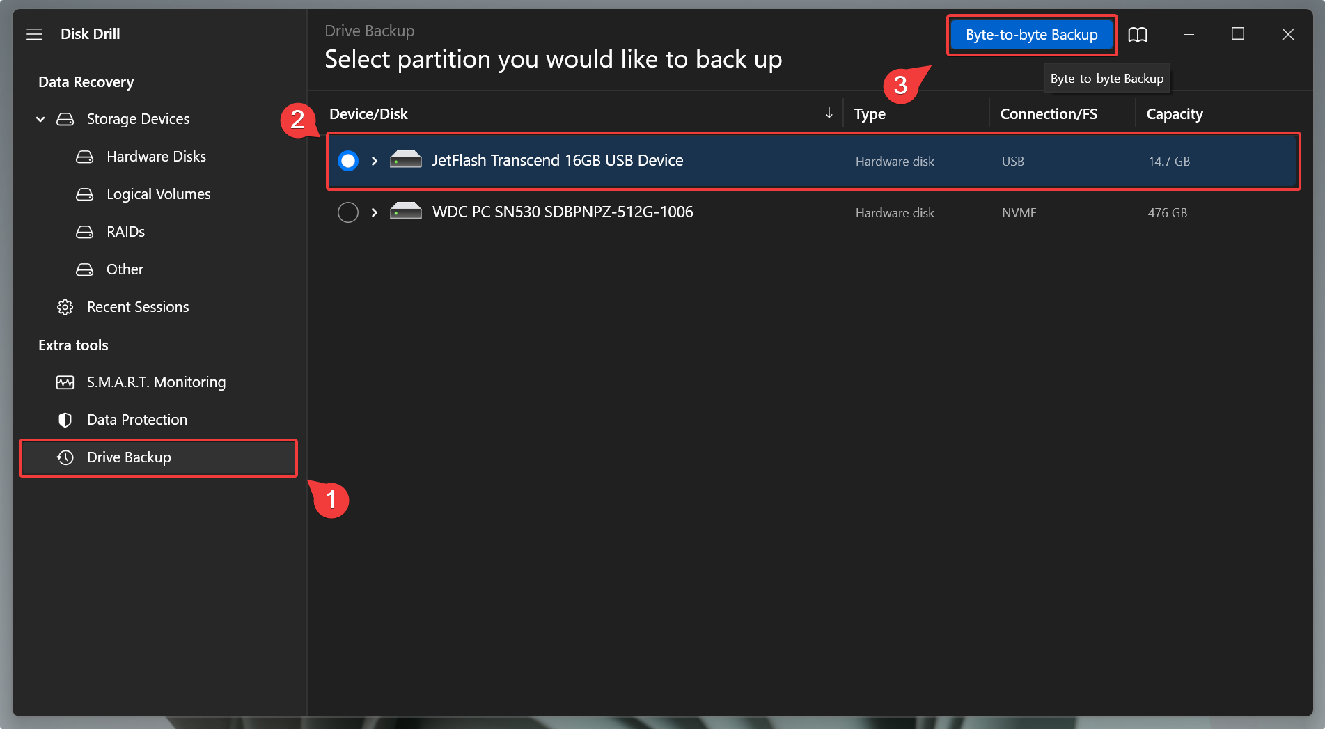 selecting drive for byte to byte backup
