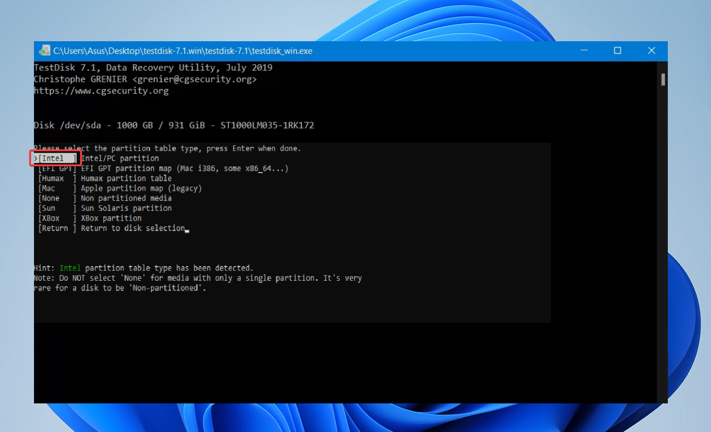 selecting the partition table on testdisk