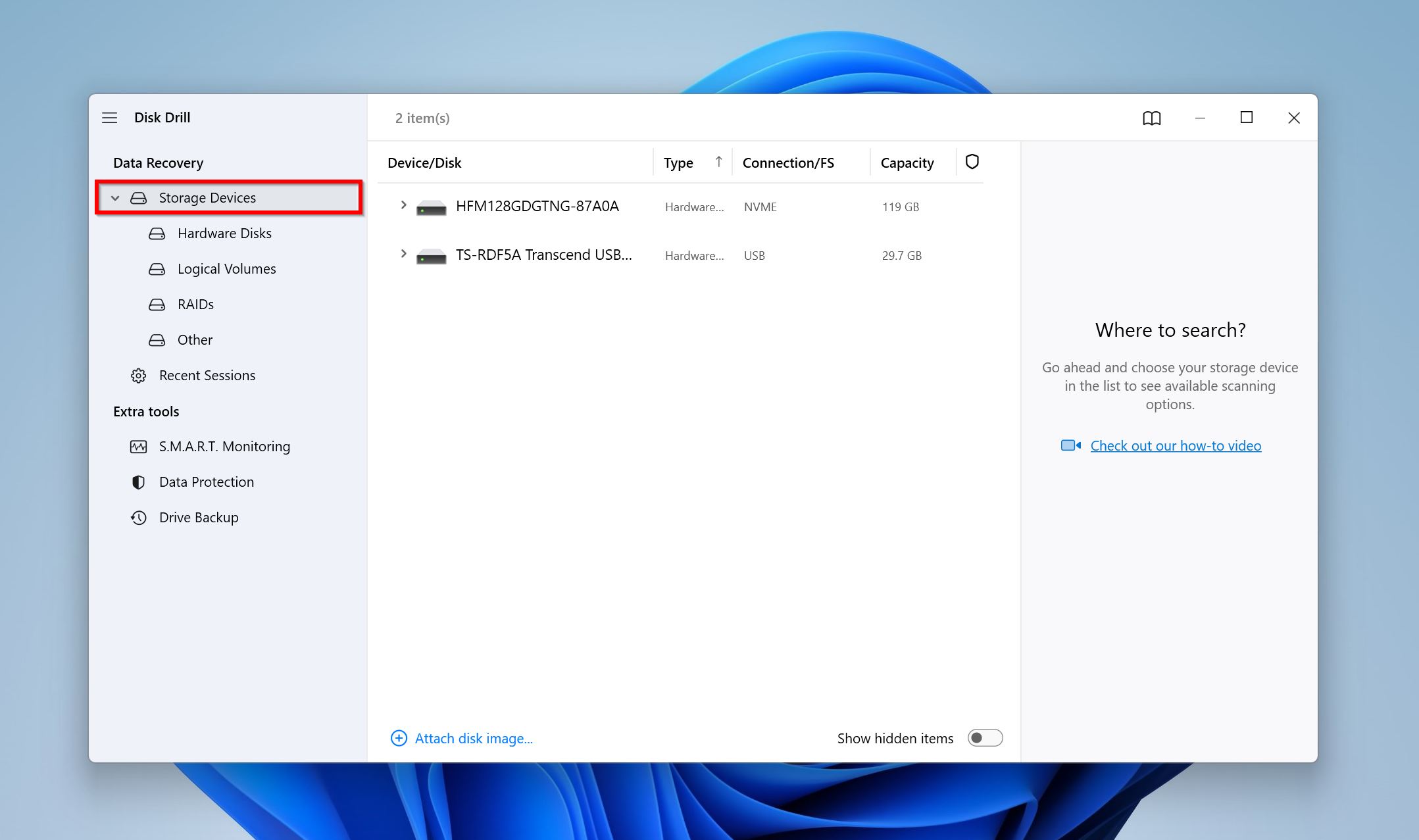 Storage devices screen in Disk Drill.