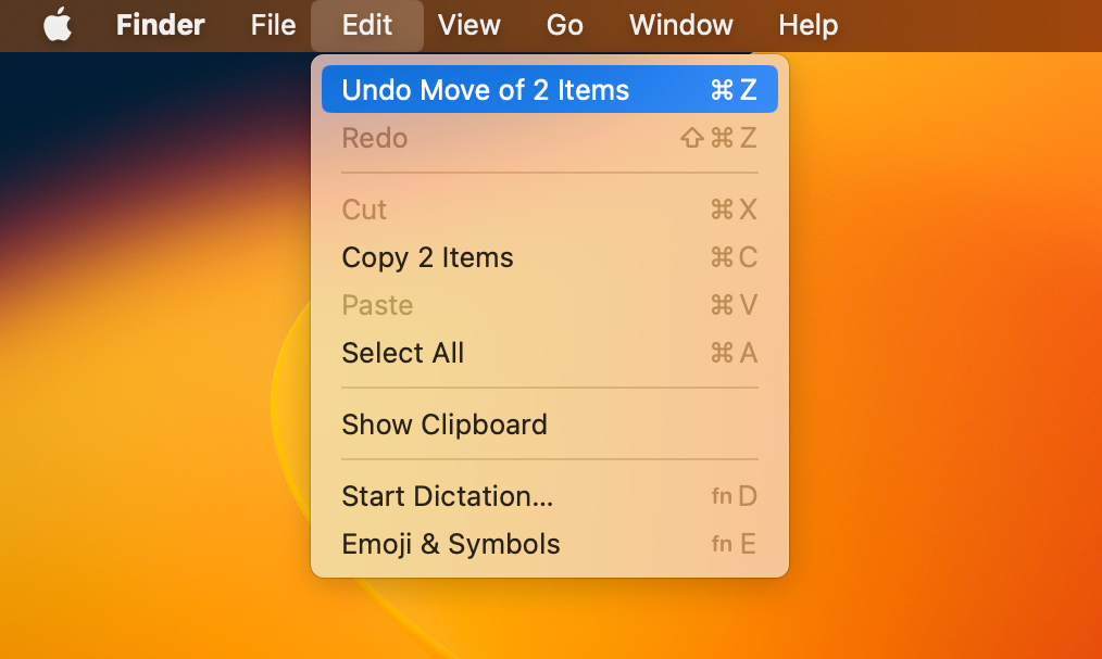 select undo option to restore file in macos