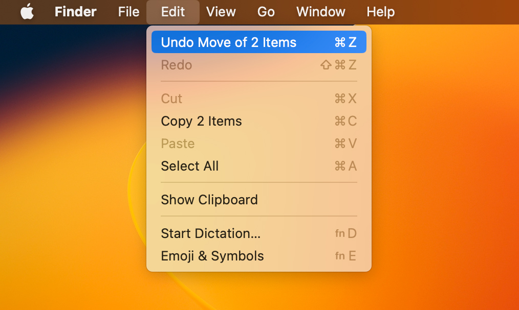 select undo option to restore file in macos